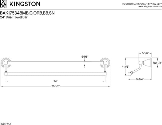Kingston Brass BAK175348MB Heritage 3-Piece 24-Inch Dual Towel Bar Bathroom Accessory Set in Matte Black