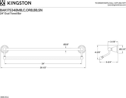 Kingston Brass BAK175348BB Heritage 3-Piece 24-Inch Dual Towel Bar Bathroom Accessory Set in Brushed Brass