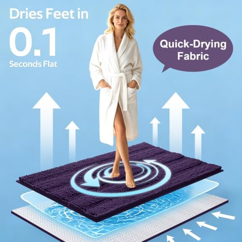 ACCUMTEK Striped Eggplant Purple Toilet Bathroom Rug Mat Set 2 piece Rug Ultra Soft, Non Slip Chenille Bath Rugs, Absorbent Plush Shaggy Bath Mats for Bathroom, Bedroom, Kitchen, Shower, Tub