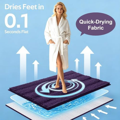 ACCUMTEK Striped Eggplant Purple Toilet Bathroom Rug Mat Set 2 piece Rug Ultra Soft, Non Slip Chenille Bath Rugs, Absorbent Plush Shaggy Bath Mats for Bathroom, Bedroom, Kitchen, Shower, Tub
