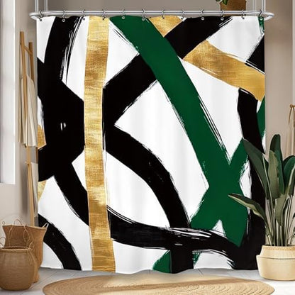Abstract Emerald Green Black Gold Shower Curtain 72Wx72L Inch Modern Minimalist Contemporary Geometric Line Bathroom Set Accessories Decor with 12 Pack Hooks