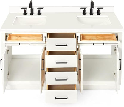 ARIEL Hepburn 60-inch Bathroom Vanity with Sink,Solid Wood, 1.5-inch Pure White Quartz Countertop & Backsplash, Double Rectangular Porcelain Sink, 4 Soft Closing Doors, 6 Dovetail Drawers, White