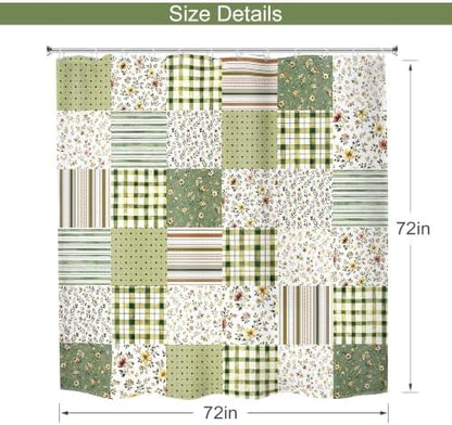 MESHELLY Dark Green Floral Patchwork Shower Curtain 72Wx72H Vintage Checkered Sage Plaid Striped Country Gingham Bathroom Curtain Farmhouse Bath Curtain Bathroom Accessories Decor with 12 Hooks