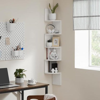 VASAGLE Corner Shelf Wall Mount, 5-Tier Floating Corner Bookshelf, Plant Shelf for Bedroom, Living Room, Bathroom, Home Office, Cloud White