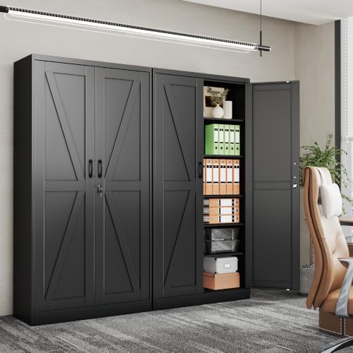 74" Metal Garage Storage Locker Cabinet with Wheels,Rolling White Farmhouse Kitchen Pantry Cabinet with 2 Doors and 5 Adjustable Shelves, Steel File Tool Cabinet for Home Office Warehouse