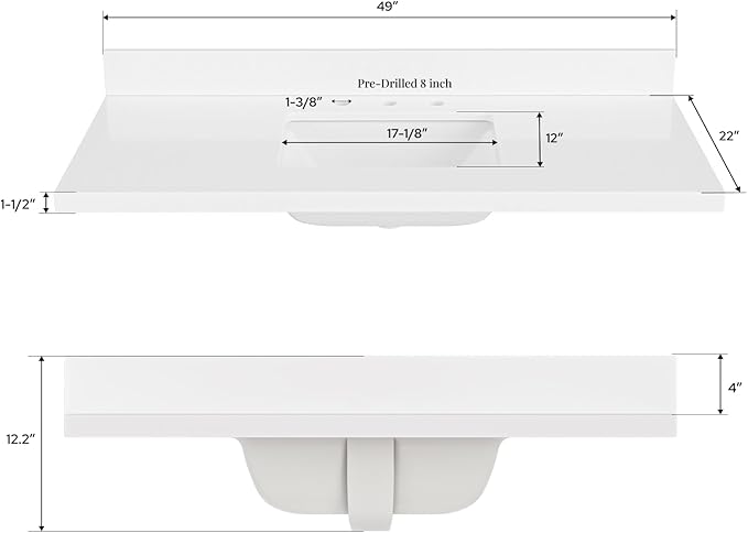 ARIEL 49 inch Bathroom Vanity top with Sink, 1.5 Inch Thick Miter Edge White Quartz top, Rectangle Single Porcelain Sink, Includes Backsplash