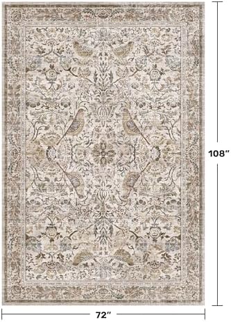 Moss Washable Dining Room Rug, 6x9 Floral Area Rug for Living Room, Boho Farmhouse Décor Low Pile Soft Bedroom Carpet, Brown Taupe Home Décor, Non Slip & Stain Resistant