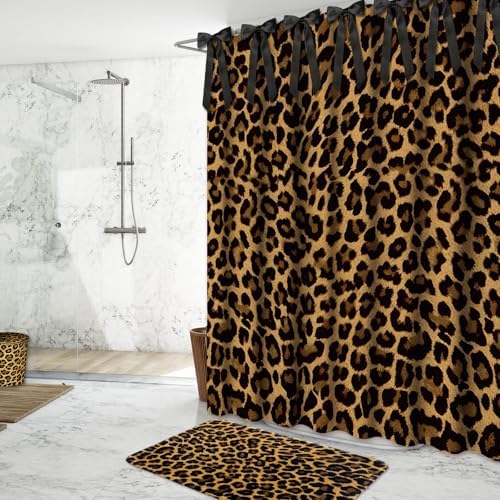 AnyDesign 28 Pcs Leopard Shower Curtain Set with Non-Slip Bath Mat U-Shaped Rug Toilet Lid Cover Cheetah Print Shower Curtain with Hooks and Black Ribbons for Bathroom Accessories & Decor