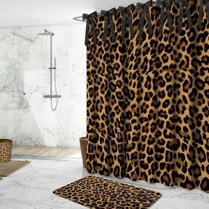 AnyDesign 28 Pcs Leopard Shower Curtain Set with Non-Slip Bath Mat U-Shaped Rug Toilet Lid Cover Cheetah Print Shower Curtain with Hooks and Black Ribbons for Bathroom Accessories & Decor