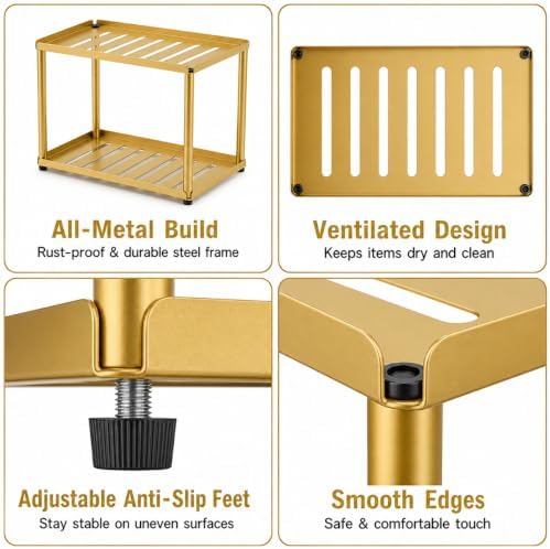 2 Tier Bathroom Counter Organizer, Rectangular Vanity Organizer Shelf, Skincare and Makeup Countertop Storage Rack for Kitchen, Bathroom, Bedroom Gold
