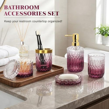 Bathroom Accessories Set, 5Pcs Bathroom Soap Dispenser Set, Glass Bathroom Accessories with Glass Soap Dispenser, Soap Dish, Toothbrush Holder, Tumbler, Cotton Swab Jar (Clear & Red)