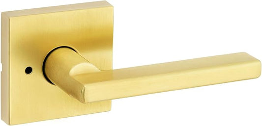Kwikset Halifax Interior Privacy Door Handle with Lock, Door Lever For Bathroom and Bedroom, Satin Brass Reversible Keyless Push Button Lock Door Lever, with Microban Protection, Square Rose