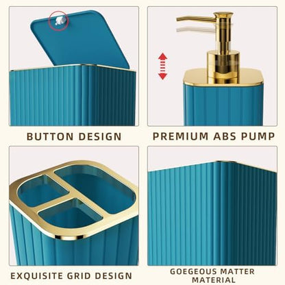 XLHOMO Bathroom Accessory Set - 26PC Bathroom Shower Curtain and Rug Set, Bathroom Accessories Set, Teal Bathroom Set with Trash Can, Toilet Brush, Qtip Holder & Soap Dispenser