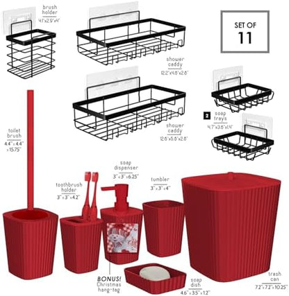 Clara Clark Bathroom Set - Christmas Bathroom Accessories Set, 11PC Bathroom Accessory Set, Christmas Bathroom Sets with Adhesive Corner Shower Caddy Hanging, Toilet Brush, Trash Can & Soap Dispenser