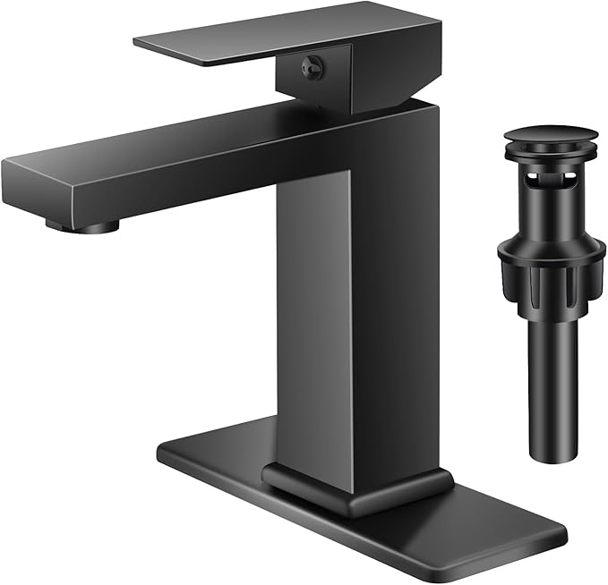 Bathroom Faucet 1 Hole Black Single Hole Bathroom Faucet Single Handle Faucet for Bathroom Sink Vanity RV (with Pop-up Drain and Deck) Suitable for 1 Hole or 3 Hole