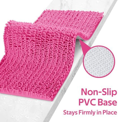ACCUMTEK Upgrade Extra Large Shiny Pink Bathroom Rug Set 3 Pieces Ultra Soft, Thick Absorbent Bath Mats, Non Slip Chenille Toilet Mat for Bathroom, Bedroom, Kitchen