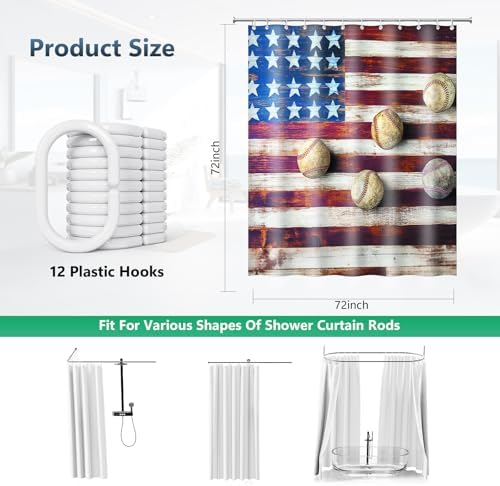 Vintage Wood American Flag Baseball Shower Curtain with Hooks 72 x 72 Inch