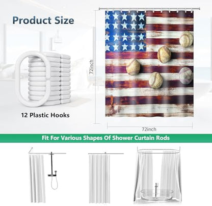 Vintage Wood American Flag Baseball Shower Curtain with Hooks 72 x 72 Inch