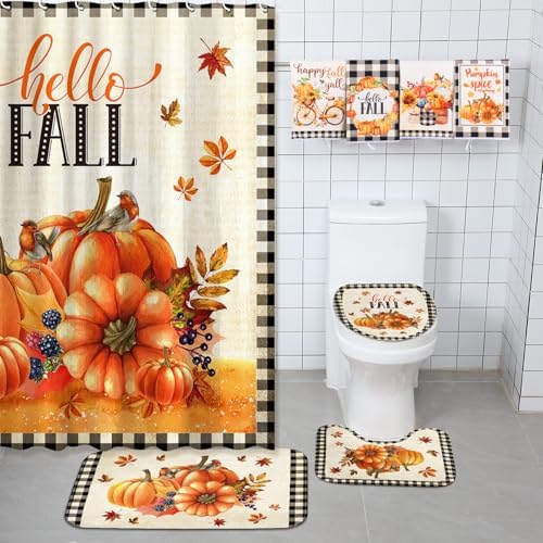 FuWeave 8 Pcs Fall Shower Curtain Set for Bathroom Decor