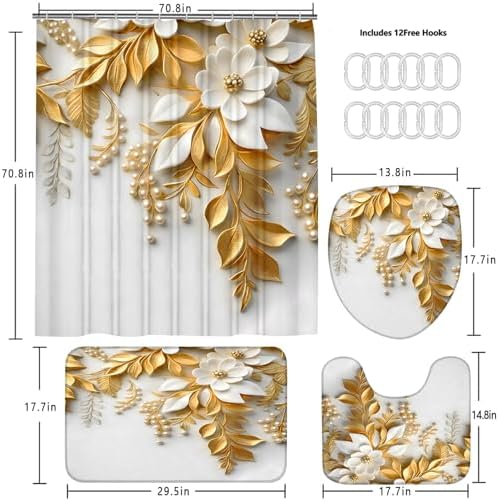 Chrainy 4pcs Golden Leaves Shower Cutain Bathroom Decor Sets with Rugs