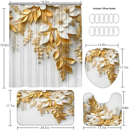Chrainy 4pcs Golden Leaves Shower Cutain Bathroom Decor Sets with Rugs