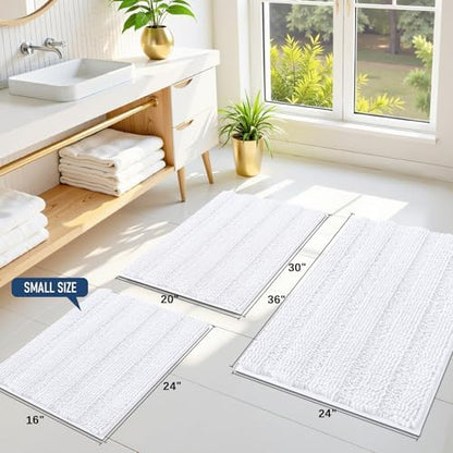 Grandaily Chenille Striped Bathroom Rugs 47x20, Extra Thick and Soft Absorbent Bath Mats, Rubber Backing, Plush Shaggy Shower Carpet, Machine Wash Dry, Bath Rug for Bathroom, Solid White