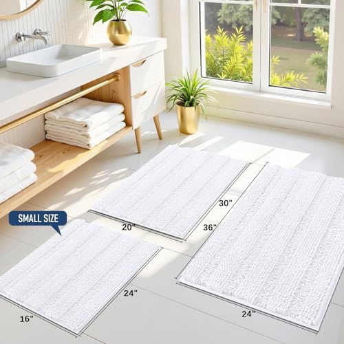 Grandaily Chenille Striped Bathroom Rugs 59x20, Extra Thick and Soft Absorbent Bath Mats, Rubber Backing, Plush Shaggy Shower Carpet, Machine Wash Dry, Bath Rug for Bathroom, Solid White