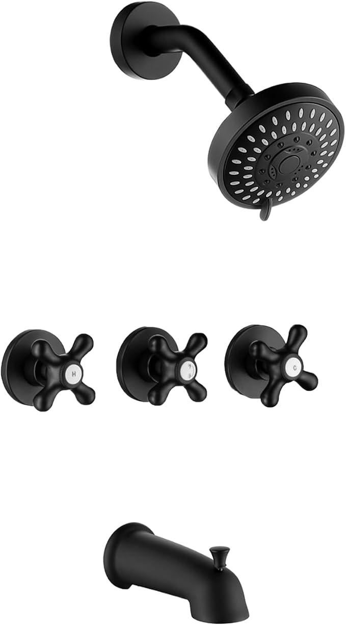 3 Handle Shower Faucet Set with Tub Spout Matte Black | Three Knod Tub and Shower Trim Kit 3 Handles Bathtub Shower Faucets Completes with Brass Valve