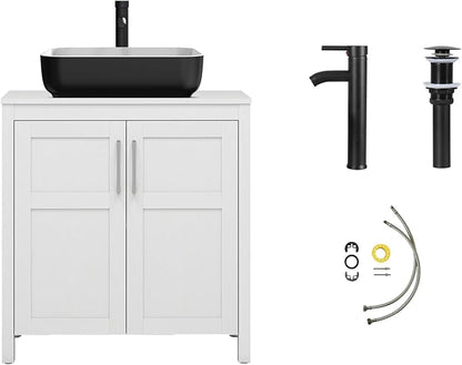 YOURLITE 30" Bathroom Vanity with Sink, White Bathroom Vanity with Faucet & Pop Up Drain Set,Traditional Vanity with with White & Black Ceramic Sink