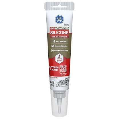 GE Advanced Silicone Caulk for Kitchen & Bathroom, Clear, 2.8 fl oz Tube, 1 Pack - 100% Waterproof Silicone Sealant, 5X Stronger Adhesion, Shrink & Crack Proof