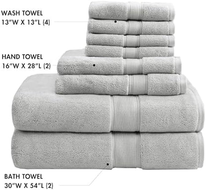 Madison Park 800GSM 100% Cotton Bathroom Bath Towel Set of 8, Silver