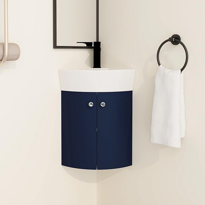 Malwee 13 Inch Wall-Hung Vanity, Corner Vanity, 13'' Floating Bathroom Vanity with Sink, with 1 Door and White Ceramic Basin Sink Top (053-13)