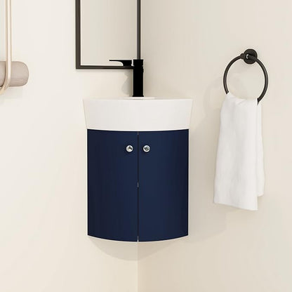 Malwee 13 Inch Wall-Hung Vanity, Corner Vanity, 13'' Floating Bathroom Vanity with Sink, with 1 Door and White Ceramic Basin Sink Top (053-13)