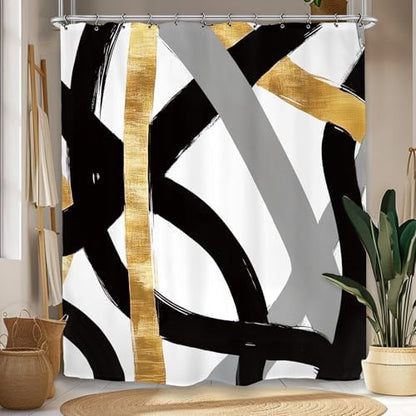 Abstract Modern Shower Curtain 60Wx72L Inch Black Gray Gold Minimalist Contemporary Art Geometric Neutral Bathroom Set Accessories Decor with 12 Pack Hooks