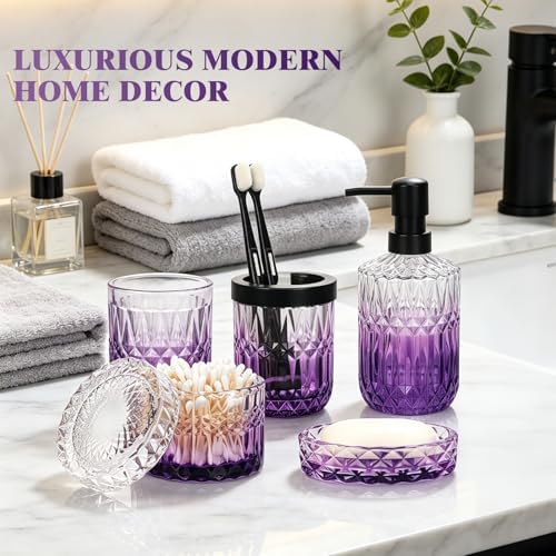 Bathroom Accessories Set, 5Pcs Bathroom Soap Dispenser Set, Glass Bathroom Accessories with Glass Soap Dispenser, Soap Dish, Toothbrush Holder, Tumbler, Cotton Swab Jar (Clear & Purple)