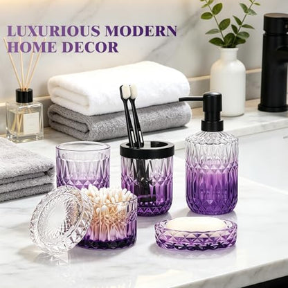 Bathroom Accessories Set, 5Pcs Bathroom Soap Dispenser Set, Glass Bathroom Accessories with Glass Soap Dispenser, Soap Dish, Toothbrush Holder, Tumbler, Cotton Swab Jar (Clear & Purple)