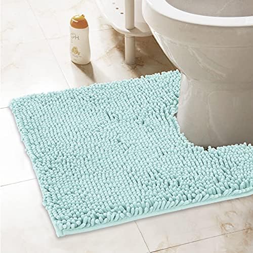 ITSOFT Standard 24"x21" U-Shaped Non-Slip Shaggy Chenille Toilet Contour Bathroom Rug with Water Absorbent, Spa Blue