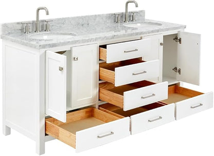 ARIEL Cambridge 66-inch Bathroom Vanity with Sink,Solid Wood, 1.5-inch Italian Carrara Marble Countertop & Backsplash, Double Oval Porcelain Sink, 4 Soft Closing Doors, 6 Dovetail Drawers, White