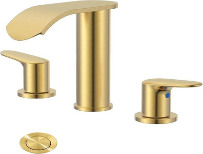 WOWOW Waterfall Bathroom Faucet 3 Holes 8Inch Widespread Bathroom Sink Faucet, Two Handles Lavatory Vanity Sink Faucets with Pop-up Drain & Supply Hoses, Modern Faucet Mixer Taps Gold