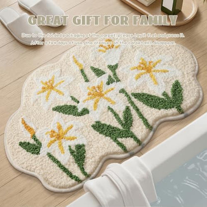 Cloud-Shaped Lily Bath Mat, Soft Non-Slip Fluffy Fresh Flowers Bathroom Rug, Ultra Absorbent Microfiber Shaggy Door Mat, Machine Washable Bath Rug Carpet for Bathtub Bedroom 20x31 Inch (White Lily)