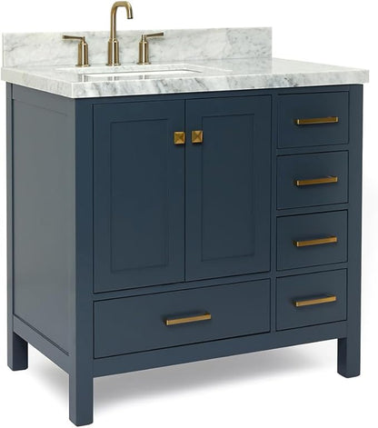 ARIEL Cambridge 36-inch Bathroom Vanity with Sink,Solid Wood, 1.5-inch Italian Carrara Marble Countertop, Single Rectangular Porcelain Sink, 2 Soft Closing Doors, 5 Dovetail Drawers, Midnight Blue