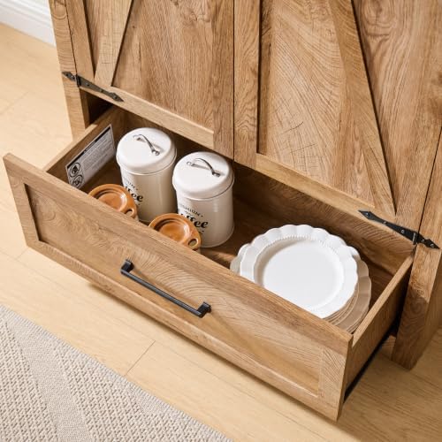 JXQTLINGMU Farmhouse Kitchen Pantry Cabinet - 72" Tall Wood Kitchen Storage Cabinets with Adjustable Shelves & 2 Barn Doors & Drawer, Versatile Storage for Dining Room, Bathroom, Light Walnut