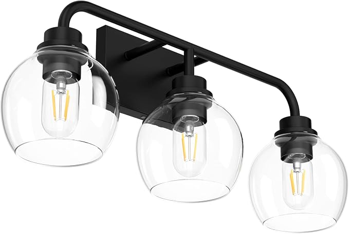 Tipace Black Industrial Bathroom Vanity Light Fixtures Over Mirror Glass Globe 3 Lights Vintage Vanity Lights Farmhouse Bath Lighting(Exclude Bulb)