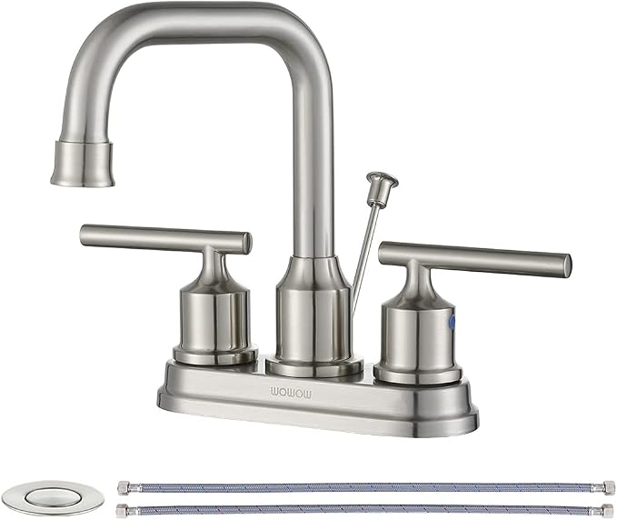 WOWOW Centerset Bathroom Faucet Brushed Nickel: 4 Inch Bathroom Sink Faucets with Lift Rod Drain Assembly Vanity Faucet 2 Handle High Arc Taps Modern
