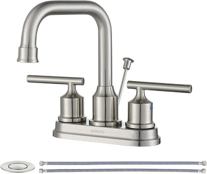 WOWOW Centerset Bathroom Faucet Brushed Nickel: 4 Inch Bathroom Sink Faucets with Lift Rod Drain Assembly Vanity Faucet 2 Handle High Arc Taps Modern
