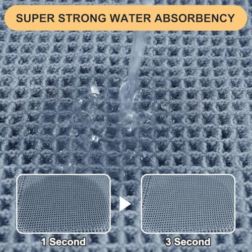 Upgrade Waffle Bath Mat Set 2 Piece, Boho Bathroom Rugs Absorbent Non Slip, Ultra Soft Bathroom Mat, Machine Washable Knit Bath Rugs with Tassels for Bathroom, Bedroom, Kitchen, Shower, Tub, Blue