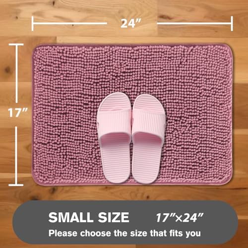 Dusty Rose Bathroom Rugs – Absorbent and Washable Bath Mat, Non-Slip, Thick Soft Chenille Bath Rugs for Bathroom Floor, Shower, Sink - 17" x 24"