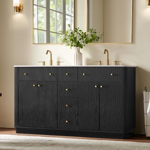 T4TREAM 60" Fluted Bathroom Vanity with Double Sink, Black Oak