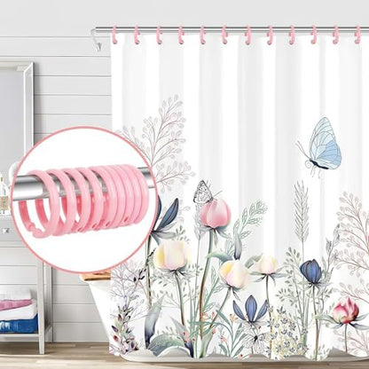 Pink Shower Curtain Hooks - 12 Pcs Circular Plastic Shower Curtain Rings for Bathroom - O Shaped Light Pink Shower Hooks Rings for Shower Curtain Rod