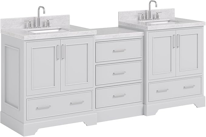 ARIEL Stafford 84-inch Bathroom Vanity with Sink,Solid Wood, 1.5in Italian Carrara Marble Countertop & Backsplash, Double Rectangular Porcelain Sink, 4 Soft Closing Doors, 5 Dovetail Drawers, Grey